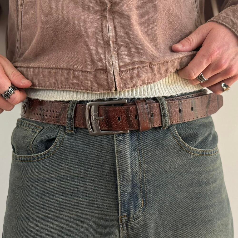 Y2K style brown and silver carved western simple design belt